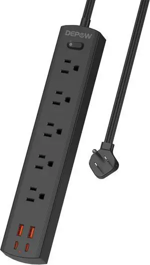 Black Surge Protector Power Strip, Ultra Thin 5 Ft Flat Plug Extension Cord, 1700 Joules, 5 Widely Spaced Outlets with 4 USB Ports (2USB-C), 1875W/15A, Wall Mount for Home Office, Black