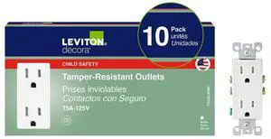 Leviton 15 Amp Decora Tamper-Resistant Duplex Electrical Wall Outlet, 10 Pack, T5325-WMP, White