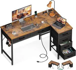 Coleshome 42 Inch L Shaped Desk with Drawers, Computer Desk with Power Outlets, Home Office Desk with 6 Drawers, Reversible Corner Desk for Small Space, Study Work Table with Hook, Vintage