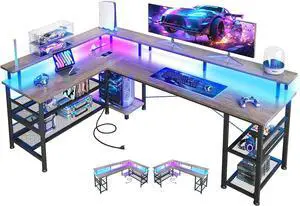 ODK 66" L Shaped Gaming Desk with Power Outlet and LED Lights, PC Gaming Table with USB Ports, Reversible L Shaped Desk with Storage Shelves & Monitor Stand, Home Office Desk, Grey Oak