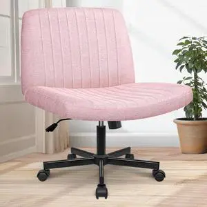 Orange Factory Criss Cross Chair Wheels Wide Cross Legged Office Desk Vanity Chair Comfy Fabric Armless Adjustable Swivel for Home Computer Task (Pink)