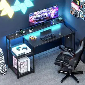 AODK Computer Desk, 56 Inch Gaming Desk with Led Lights & Power Outlet, Office Desk with Storage Shelves, Reversible Desk with Monitor Shelf & Headphone Hook, Carbon Fiber Black