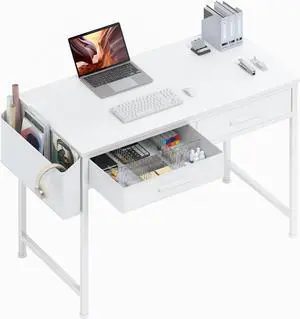 40 Inch Desk with Fabric Drawers - White Office Computer Makeup Desk for Bedroom Home Office, Small Makeup Vanity Study Desks with Drawers Side Bag, White