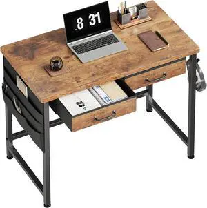 Maihail Small Desk with Drawers, 31.5 inch Small Computer Desk with Drawers, Writing Desk with Drawers for Small Spaces, Compact Desk for Small Spaces, Metal Frame for PC Laptop, Rustic Brown2