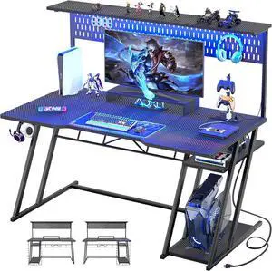 53" Gaming Desk with Hutch and LED Lights, Gaming Computer Desk with Power Outlets, Gamer Desk with Storage Shelves, Game Desks with Pegboards for Bedroom, Black
