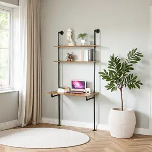 ZIOTHUM Industrial Wall Mount Desk with Shelves, Ladder Style Computer Laptop Desk, Floating Table with Storage, Industrial Pipe Bookcase for Home Office (36x20x81)