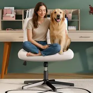 Criss Cross Chair with Wheels, White Armless Cross Legged Office Desk Chair for Home Office, Pu Leather Swivel Height Adjustable Wide Seat Computer Task Vanity Chairs