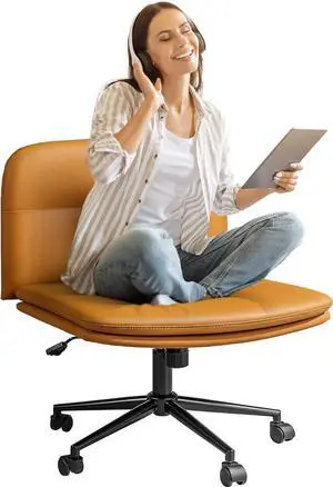 FLEXISPOT Cross Legged Office Chair for Vanity Desk Criss Cross Chair with Wheels Armless Office Chair Vanity Chair Comfy Wide Seat Cushion PU Leather(Brown)
