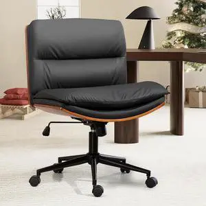 Armless Modern Walnut Office Desk Chair with Wheels, PU Leather Adjustable Wide Swivel Task Chair, Ergonomic Cross Legged Computer Chair for Conference Room, Home Office (Black)