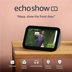 Echo Show 5 (newest model), Smart display with 2x the bass and clearer sound, Charcoal