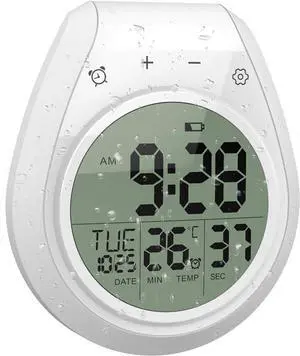 Shower Timer Clock Waterproof, Digital Bathroom Kitchen Wall Clock with LCD Display, 12/24 Hour Format, Temperature, Countdown Timer, Suction Cup, Hanging Hole