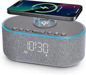 Wireless Charging Alarm Clock Radio: Qi Certified Fast Wireless Charger for iPhone Samsung - 10W Stereo Bluetooth Speaker - Dimmable Digital Clock with FM Radio for Bedroom Gray