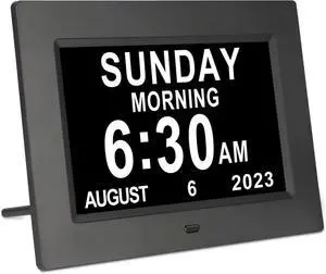 TSITSC 7 Inch Digital Day of The Week Clock Extra Large Non-Abbreviated Dementia Day and Date Time Clocks for Seniors Elderly Impaired Vision Memory Loss 12 Alarm Reminders + Auto-Dimming