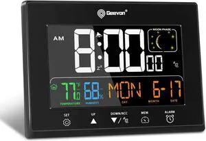 Geevon Digital Atomic Alarm Clocks for Bedrooms with 2 USB Ports, Color VA Display Atomic Clock with Indoor Temperature and Humidity, DST, Calendar, and Moon Phases for Seniors Elderly