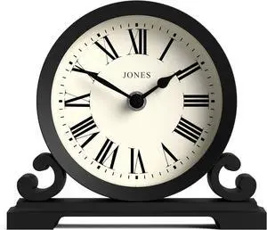 JONES CLOCKS® Saloon Mantel Clock | Traditional Double Scroll Design | Black | Roman Numerals | Classic Style for Desk, Table, Shelf or Bedside