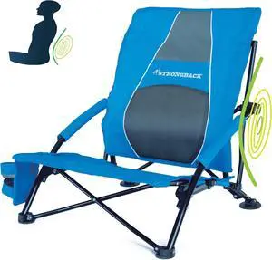 STRONGBACK Low Gravity Beach Chair with Built-in Lumbar Back Support - Heavy Duty Portable Folding Beach Chair for Adults - Blue