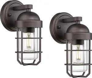 Emliviar Farmhouse Outdoor Wall Sconces, 2 Pack Vintage Exterior Light Fixtures with Nautical Metal Cage and Tempered Glass, Oil Rubbed Bronze Finish, GE255B-2PK ORB Emliviar Farmhouse Outdoor Wall Sconces, 2 Pack Vintage Exterior Light Fixtures with Nautical Metal Cage and Tempered Glass, Oil Rubbed Bronze Finish, GE255B-2PK ORB