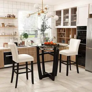 PADMA HOUSE 42" D Glass Top High Bar Table Stools Set for 2, Clear & Ivory PADMA HOUSE 42" D Glass Top High Bar Table Stools Set for 2, Clear & Ivory