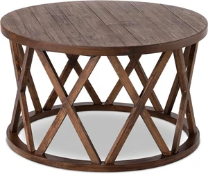 COZAYH Rustic Farmhouse - Round Coffee Table - X-Motif Legs, Brown COZAYH Rustic Farmhouse - Round Coffee Table - X-Motif Legs, Brown