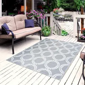 Reversible Crease-Free Indoor/Outdoor 100% Recycled Plastic Mat/Rug - Weather, Water, Stain, Fade and UV Resistant - Mykonos- Gray & White (8'x10') Reversible Crease-Free Indoor/Outdoor 100% Recycled Plastic Mat/Rug - Weather, Water, Stain, Fade and UV Resistant - Mykonos- Gray & White (8'x10')