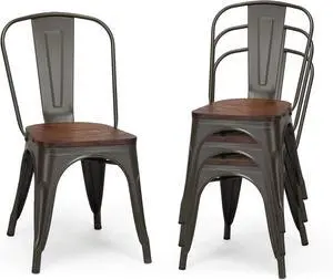 DORTALA Dining Chairs Set of 4, Metal Stackable Dining Chair w/Wood Seat and Rubber Protectors, Kitchen Side Chair, Comfortable Backrest Dining Chairs for Dining Room, Kitchen, Grey DORTALA Dining Chairs Set of 4, Metal Stackable Dining Chair w/Wood Seat and Rubber Protectors, Kitchen Side Chair, Comfortable Backrest Dining Chairs for Dining Room, Kitchen, Grey