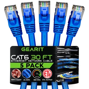 GEARit Cat6 Patch Cables Cat 6 Ethernet Cable 30 ft 5-Pack Blue GEARit Cat6 Patch Cables Cat 6 Ethernet Cable 30 ft 5-Pack Blue