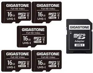 GIGASTONE 16GB 5-Pack Micro SD Card, FHD Video, Surveillance Security Cam Action Camera Drone, 85MB/s Micro SDHC UHS-I U1 Class 10, with Adapters