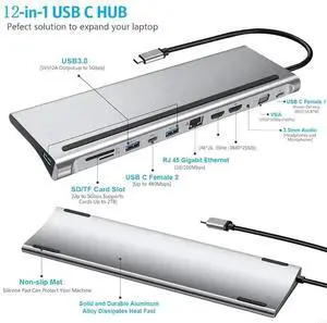 12-In-1 Type-C Hub to Dual for HDMI Rj45 Multi USB Power Adapter Docking Sta