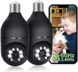 2K Light Bulb Security Camera, 2.4/5GHz Wi-Fi 6 Security Cameras Wireless Outdoor, 360° PTZ Cameras for Home Security with Color Night Vision, AI Human Detection, 2 Way Talk, Easy Installation,2 Packs
