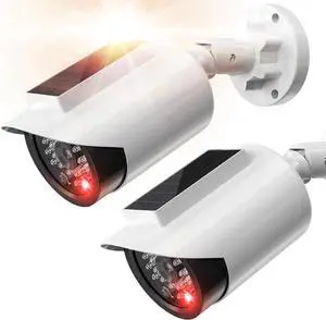 BNT Solar Powered Fake Security Camera, Bullet Shape Fake Surveillance Camera with Red LED Light for Night, Security Warning Sticker, for Outdoor Safety Alert (White 2Pack,Battery not Included)