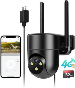 LIWAN 4G LTE Cellular Security Camera Outdoor Wired, No WiFi Security Camera, Plug-in for 24/7 Recording, 360° View, 2K Color Night Vision, 2-Way Talk, Built-in SIM Card and 32G Memory Card, Black