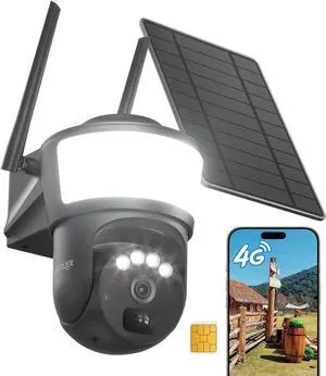 4G LTE Cellular Security Camera Wireless Outdoor, No WiFi Security Cameras Solar Powered, PIR Detection, 360°Cameras for Home Security with Floodlight, 2K Color Night Vision, Built-in SIM Card