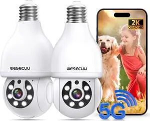 WESECUU Light Bulb Security Camera, 2.4G/5G WiFi Security Cameras Wireless Outdoor,Bulb Camera for Home Security, 2-Way Talk, Human Detection, Color Night Vision, Compatible with Alexa (Two Pack)
