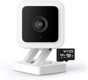 Cam V3 Smart Home Security Camera, Indoor/Outdoor Use, IP65-Rated 1080p Plug-in, Color Night Vision, Motion Detection, Two Way Audio, Compatible with Alexa, Google Assistant, Cam V3+128GB SD Card