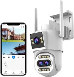 JOOAN Outdoor Security Camera 2Kx3 3Lens 2 Screen10X Optical Zoom & Auto Tracking Home Surveillance IP Cam 360°PTZ 2.4G WiFi Wired IP66 Waterproof Motion Alert,8-256G Card/Cloud Storage,Siren Alarm