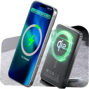 LISEN Qi2 Portable MagSafe Power Bank, 10,000mAh with 15W Wireless Power Bank 30W USB-C Soft Touch Silicone with Metal Foldable Stand Fast Charging for iPhone 16 15 14 13 12 Series