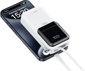 PD 30W Fast Charging Portable iPhone Charger 10 000mAh Mini Size Power Bank with Built in USB C & Lightning Cable, LED Display, Travel Battery Pack for iPhone 16/15/14/13 Series Samsung etc