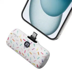 iWALK USB-C Portable Charger with Colorful Pattern, 20W PD Fast Charging 4800mAh Small Power Bank with LED Display, Compatible with iPhone 16/15, 16/15 Plus, 16/15 Pro Max, iPad, Airpods, White