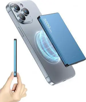 ZBF Wireless Portable Charger,5000mAh Slim Magnetic Power Bank Phone Charger with USB-C Cable, PD 20W Fast Charging MagaSafe Battery Pack Travel Charger for Phone 16 15 14 13 12 Pro Max(Blue)