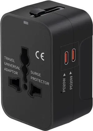 Universal Travel Adapter Fast Charger, All in One Plug Adapter With 2 USB-C PD20W GaN Worldwide Power Adapter International Wall Charger Foldable Plug Converter Travel Essential for Europe UK AUS Asia