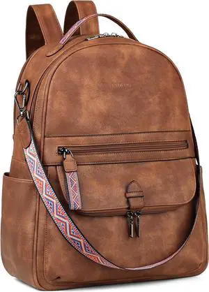 FADEON 15.6 inch Leather Laptop Backpack Purse for Women, Designer Travel PU Backpack with Laptop Compartment for Work Brown
