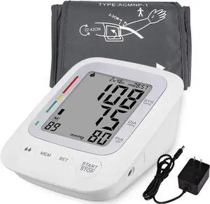 Electronic Blood Pressure Monitor, Upper Arm Automatic Digital BP Monitor Large Cuff, 2 Users 180 Memory Large Display, Irregular Heart Rate Indication, with DC Adapter for Home Use