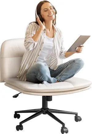 FLEXISPOT Cross Legged Office Chair Armless Desk Chairs Comfy Wide Seat Criss Cross Chair with Wheels Vanity Chair for Living Room Bedroom Study Room(White Light Beige)