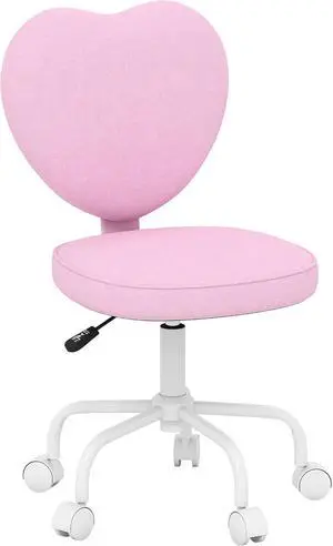 HOMCOM Armless Home Office Desk Chair, Modern Fabric Makeup Vanity Chair with Heart Shape, Swivel Wheels, Height Adjustable, Pink