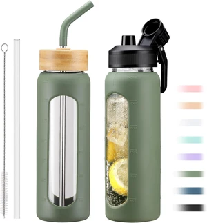 24oz Glass Water Bottle with Straw and 2 Lids, Olive 24oz Glass Water Bottle with Straw and 2 Lids, Olive