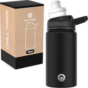 Chill Oasis Water Bottle | Compatible With Popular Flavor Cartridges | BPA Free, Leak Proof, Double-Walled Vacuum Insulated Stainless Steel, and Dishwasher Safe | Cold for 24 Hours (Black, 12oz)