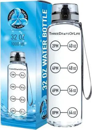 Time Marked Water Bottle, Clear Sports Timed Bottle 32 oz, Best for Measuring Water Intake, Tritan BPA-Free One Liter Hydration Tracker