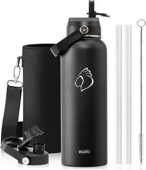 BUZIO 40oz Insulated Water Bottle, Triple Wall Vacuum Stainless Steel Water Flask with 2 lids, Lead-Free BPA-Free Straw Lid Sports Canteen Jug, Cold 48H & Hot 24H- Black