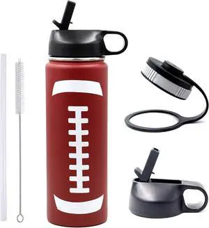 22 oz Football Water Bottle, Metal Thermo Travel Mug Sports Flask with 2 Lids, Stainless Steel Double Wall Vacuum Leak Proof Insulated Water Bottles, Football Accessories Gifts for Mom Men Boys Girls