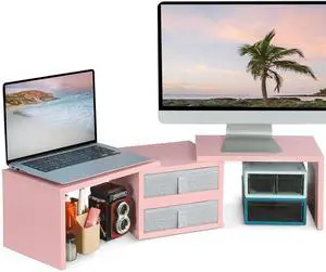 TEAMIX Pink Dual Monitor Stand Riser with 2 Drawers - Length and Angle Adjustable Double Corner Desk Shelf Organizer 37 inch for 2 Laptop/PC/Screen/TV (2 Drawers - 8''H) TEAMIX Pink Dual Monitor Stand Riser with 2 Drawers - Length and Angle Adjustable Double Corner Desk Shelf Organizer 37 inch for 2 Laptop/PC/Screen/TV (2 Drawers - 8''H)